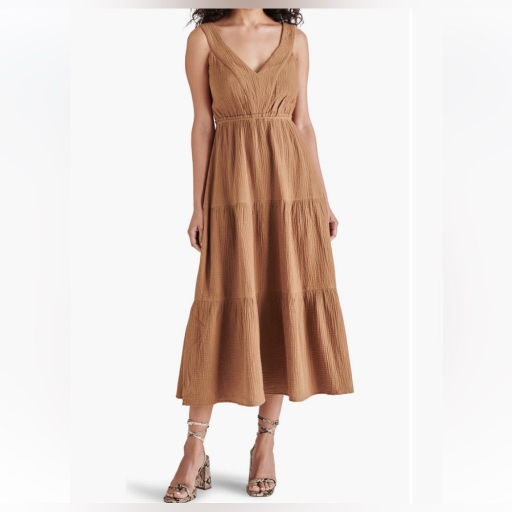Steve Madden Brown V-Neck Tiered Midi Dress NWT